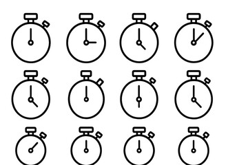 Leinwandbilder - Multiple black line art stopwatches arranged in a grid pattern on a white background showcasing timekeeping devices