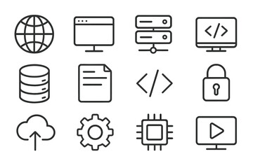 Fototapete - Collection of technology icons representing web, data, and security concepts, suitable for digital applications and projects