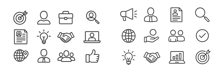 Aufkleber - Set of icons representing business concepts including teamwork, networking, and idea generation in a minimalistic style