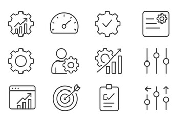 Poster - Illustrations of various business and technology concepts including performance metrics and productivity