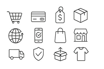 Aufkleber - Icons representing online shopping, payment methods, global commerce, and delivery services displayed on a white background