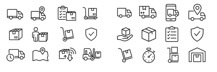 Poster - Logistics and transportation icons representing delivery, tracking, and inventory management in a minimalist design