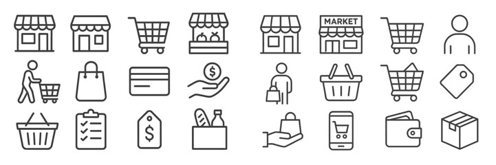 Aufkleber - Icons representing shopping activities at a market with carts, bags, and transactions depicted in a simple design format