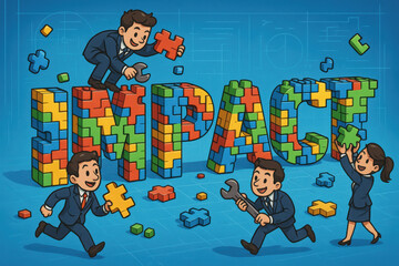 Poster - A team collaboratively assembling puzzle pieces to form the word IMPACT symbolizes creative problem solving and strategic progress in business