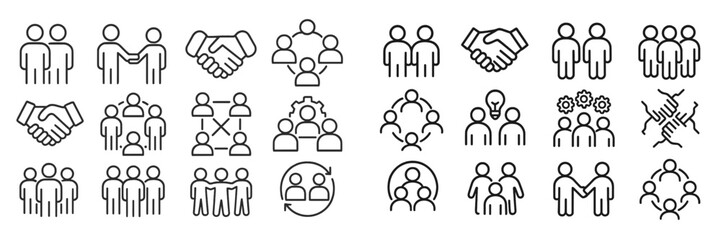 Aufkleber - Collection of diverse icons depicting teamwork, collaboration, and communication among individuals in a modern design style