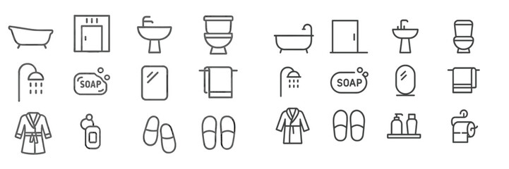 Aufkleber - Collection of bathroom icons illustrating various sanitary and grooming items in a minimalist design style
