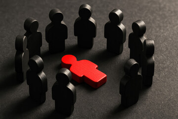 Poster - The concept leadership and influence is portrayed by a red figure surrounded by black figures on a textured dark surface symbolizing decision-making and teamwork in business contexts