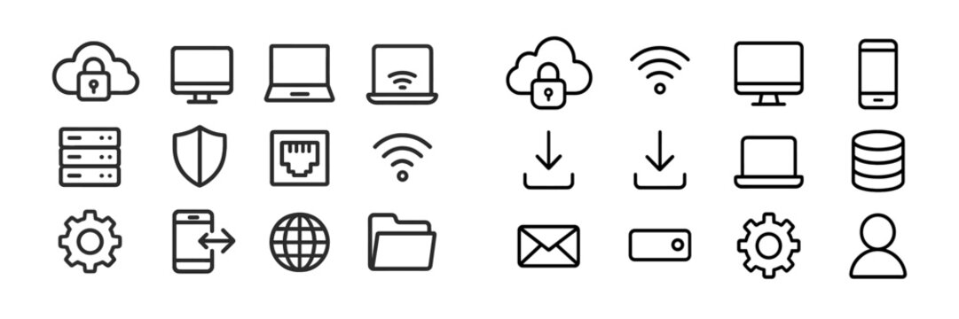 Collection of minimalist icons representing technology, cybersecurity, and data management in a modern digital workspace