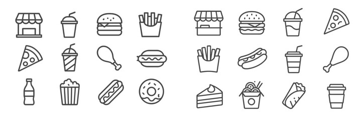 Poster - Variety of fast food icons including burgers, pizza, and drinks arranged in a colorful layout for digital design