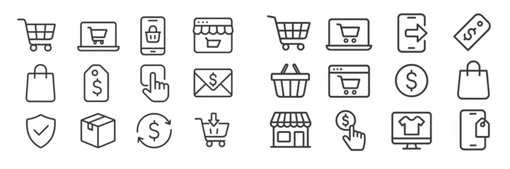Aufkleber - Online shopping icons depicting various elements of e-commerce and digital purchases in a simple and modern style
