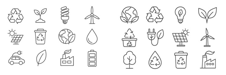 Poster - icons representing sustainability and eco-friendly concepts featuring recycling, renewable energy, a