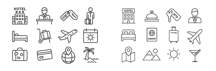 Poster - Travel icons representing various aspects of vacation planning and hotel experiences