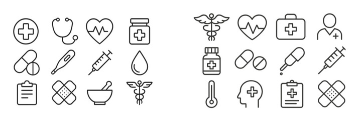 Aufkleber - Collection of medical and health-related icons representing various healthcare elements and activities
