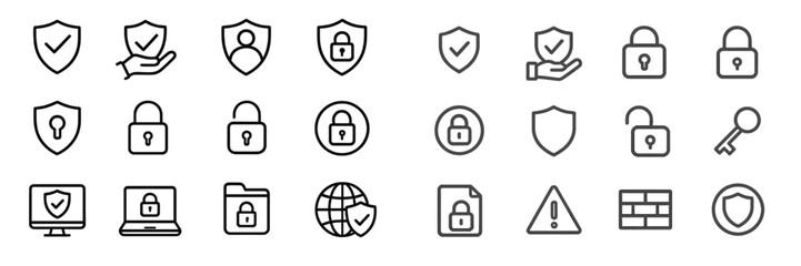 Poster - Collection of security icons featuring shields, locks, and check marks in a minimalist design for digital protection concepts