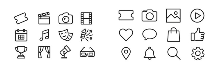 Poster - Collection of simple line icons representing various entertainment and media activities and elements on a white background