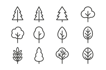 Leinwandbilder - Line drawing collection of various tree shapes and types arranged in a grid pattern displaying nature's diversity