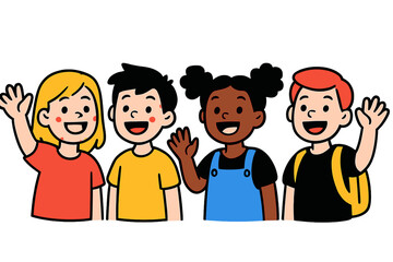 Poster - Group of diverse children happily waving together outdoors at a sunny day in a playful and friendly atmosphere