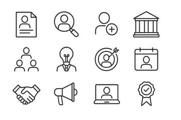 Aufkleber - Icons representing human resources concepts related to recruitment, teamwork, and professional development in a digital format