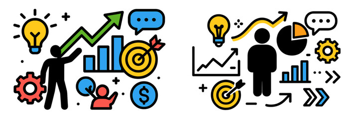 Leinwandbilder - Creative business strategy concepts illustrated with graphs, people, and growth indicators
