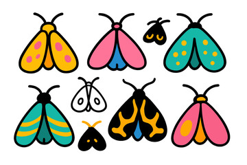 Poster - Colorful and playful illustrations of various butterfly and moth designs showcasing vibrant patterns and styles