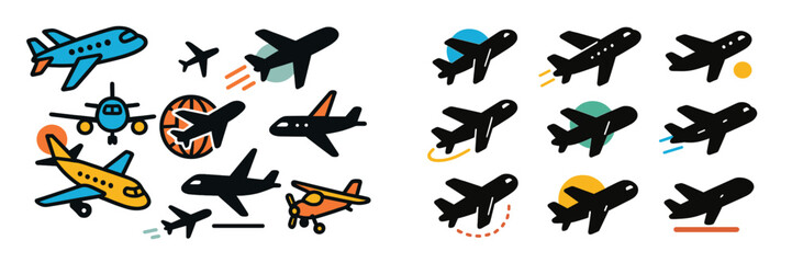 Aufkleber - Colorful illustrations of various airplanes representing air travel activities and experiences in a playful design style