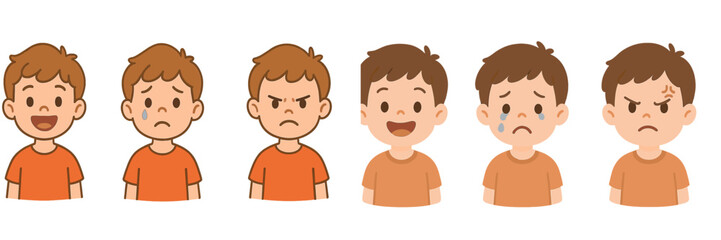 Aufkleber - Emotions of a child illustrated in various expressions showcasing happiness, sadness, anger, and surprise in bright colors