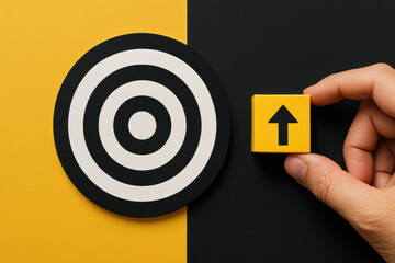 Poster - Motivation and progress drive business growth as a lifts a bright arrow block toward a targeted center symbolizing focused success