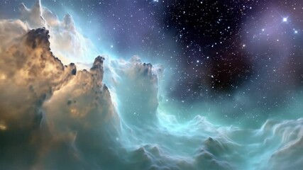 Wall Mural - Glimmering nebula in deep space with vibrant clouds and shining stars. Cosmic journey science fiction abstract background footage.