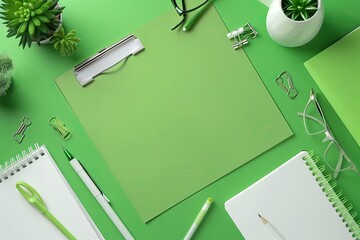 Poster - Premium Quality Visual of Green and White Stationery and Office Supplies on a Green Background