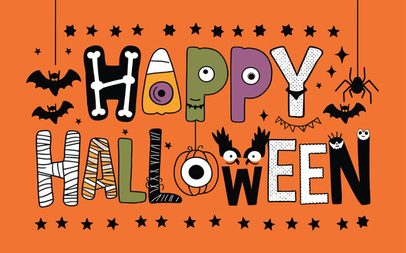 Vibrant and playful Halloween-themed graphic with a bright orange background.