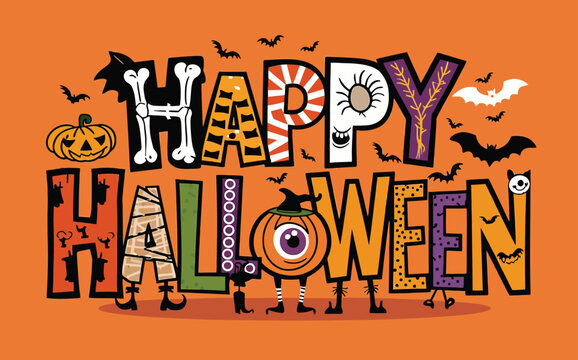 Vibrant and playful Halloween-themed graphic with a bright orange background.