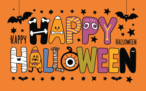 Vibrant and playful Halloween-themed graphic with a bright orange background.