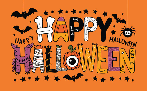 Vibrant and playful Halloween-themed graphic with a bright orange background.