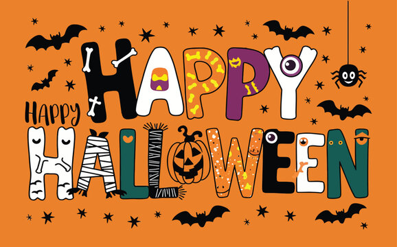 Vibrant and playful Halloween-themed graphic with a bright orange background.