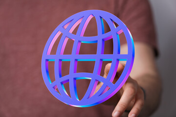 Poster - Person interacting with a vibrant 3D globe icon, symbolizing internet connection and global reach.