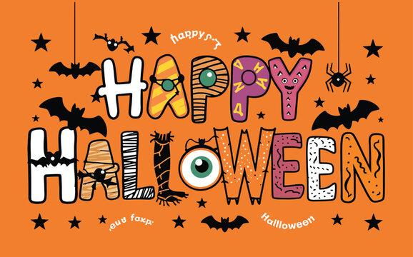 Vibrant and playful Halloween-themed graphic with a bright orange background.