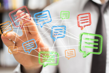 Poster - Hand interacting with a network of digital messages, representing global communication and connection.