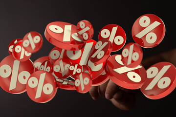 Poster - 3D render of red percentage symbols floating towards a hand. Perfect for sale banners and discount promotions.
