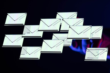 Poster - Abstract image of many silver envelopes flying, dark background. Ideal for email, communication, technology concepts.
