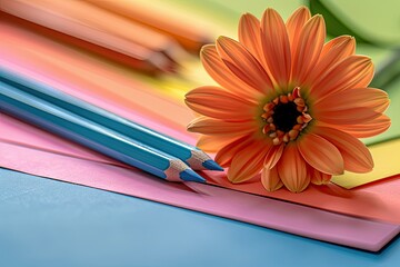 Poster - Clear Pixel Visual of a Colorful Table with Pencils and Paper with a Flower on it