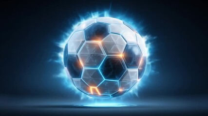 Poster - Digital soccer ball with blue glowing energy and light, concept of sport technology, championship, and innovation. Football event footage.