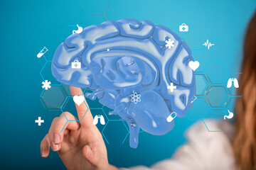 Aufkleber - 3D brain model with medical icons.  Perfect for healthcare, neurology, and neuroscience.