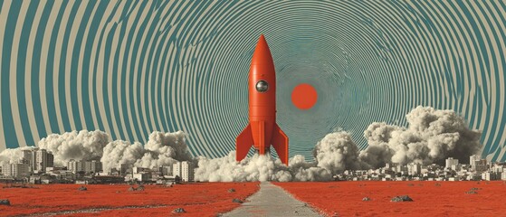 Poster - retro rocket launch with cityscape and psychedelic background concept of space exploration, innovati