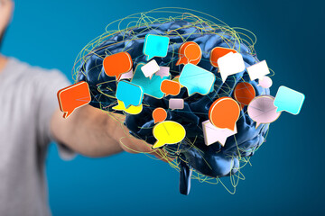 Poster - Abstract image of a brain with speech bubbles, representing communication, ideas, and social media.