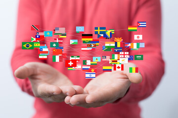 Poster - Image of hands holding a network of international flags, representing global connections and cooperation.