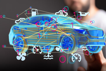 Poster - Futuristic concept of a smart vehicle displaying sensor data and maintenance alerts.