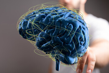 Leinwandbilder - 3D model of human brain with glowing neural pathways.  Concept for AI, intelligence, and neurology.