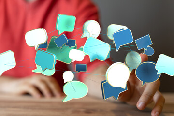 Poster - Conceptual image of interconnected speech bubbles, representing global communication and networking.