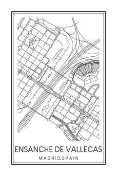 Hand drawn printable downtown road map poster of borough ENSANCHE DE VALLECAS of the Spanish city of MADRID on solid white background with city name