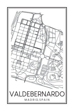 Hand drawn printable downtown road map poster of borough VALDEBERNARDO of the Spanish city of MADRID on solid white background with city name